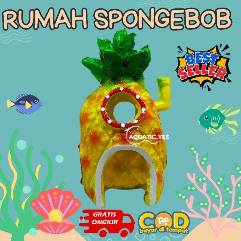 hiasan aquarium rumah Spongebob, ornamen aquarium rumah Spongebob, hiasan aquarium resin