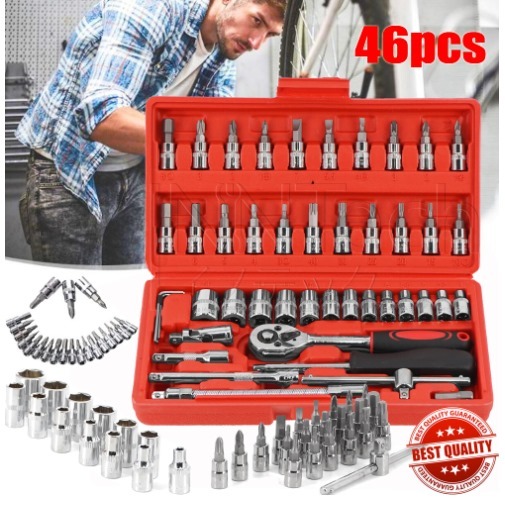 SUPERMARKET IMPORT Set Kunci Shock 1/4 Socket + Obeng Socket Set 46 Pcs Pas Ring Motor Mobil Kunci S