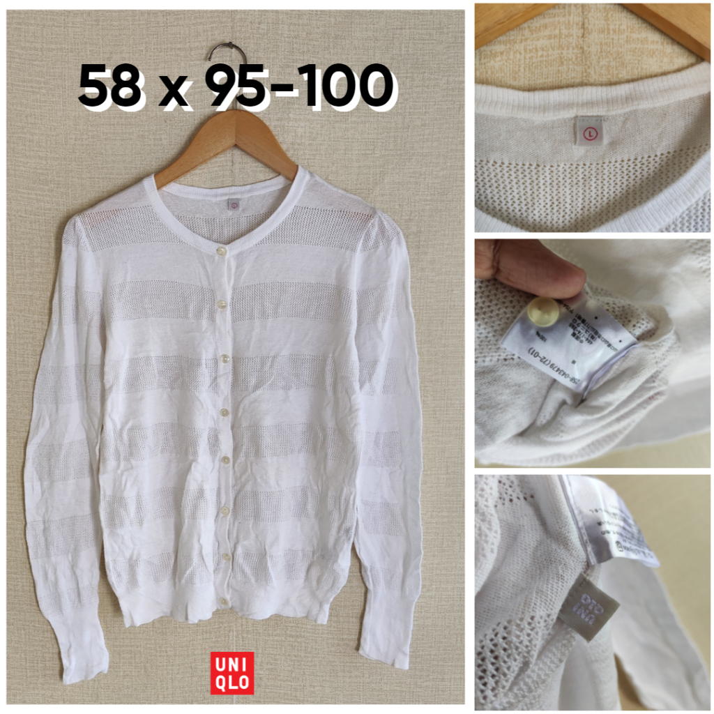 Cardigan Knit Jaring UNIQLO Putih O Neck Size L Wanita Atasan Cewek Outer ED751