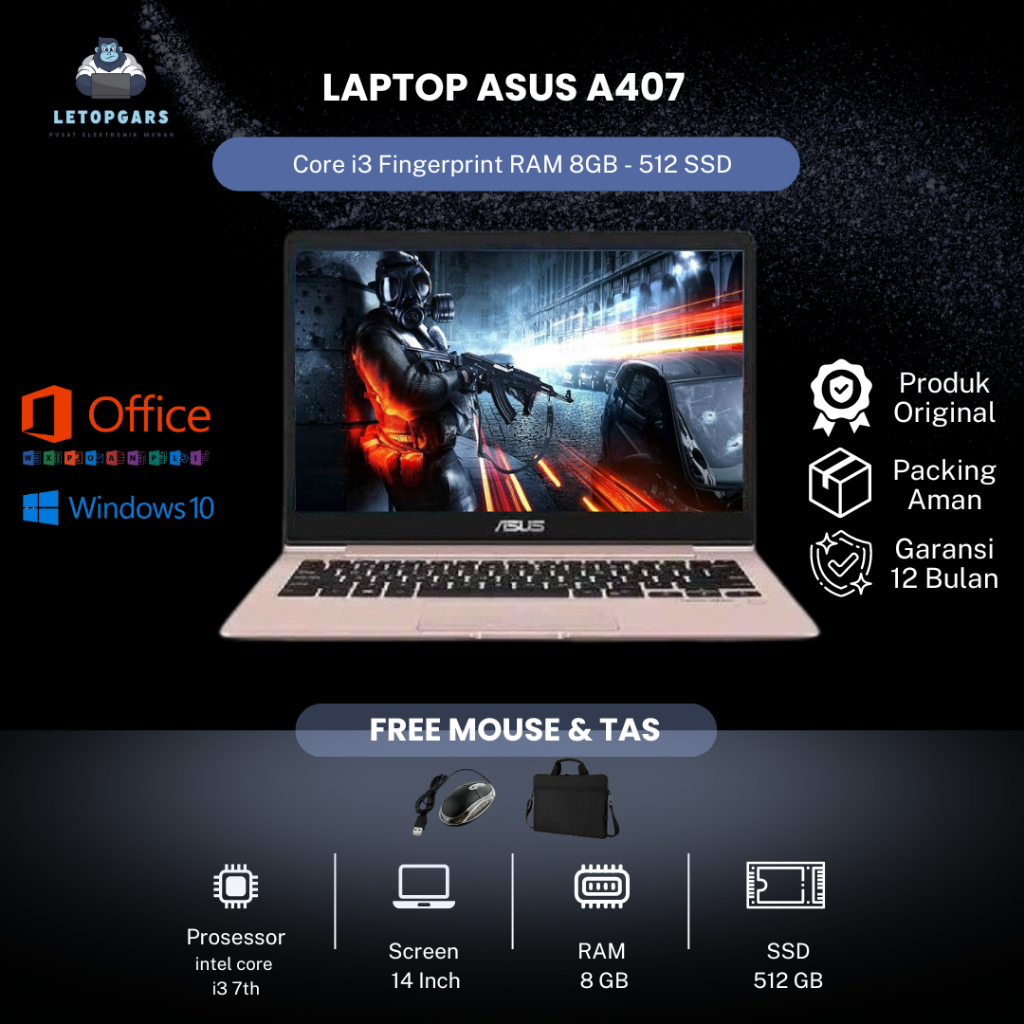 Laptop Asus A407 Core i3 Fingerprint RAM 8GB - 512 SSD