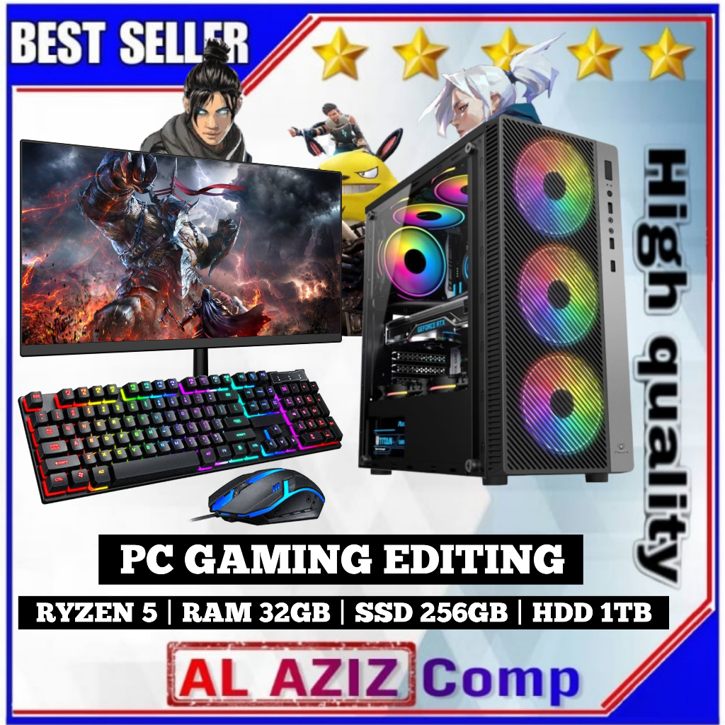 PC Gaming Fullset 24 Inch AMD Ryzen 5 4600G RAM 32gb SSD 256gb HDD 1TB Wi Fi