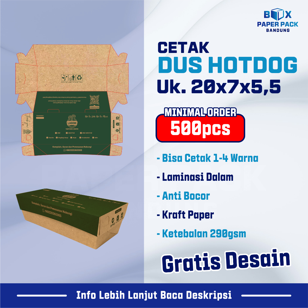 Box Hot Dog Hotdog Kraft 290gsm Custom Cetak 1 Warna  Kotak Makan Kertas Brown Paper Box Makanan Dus