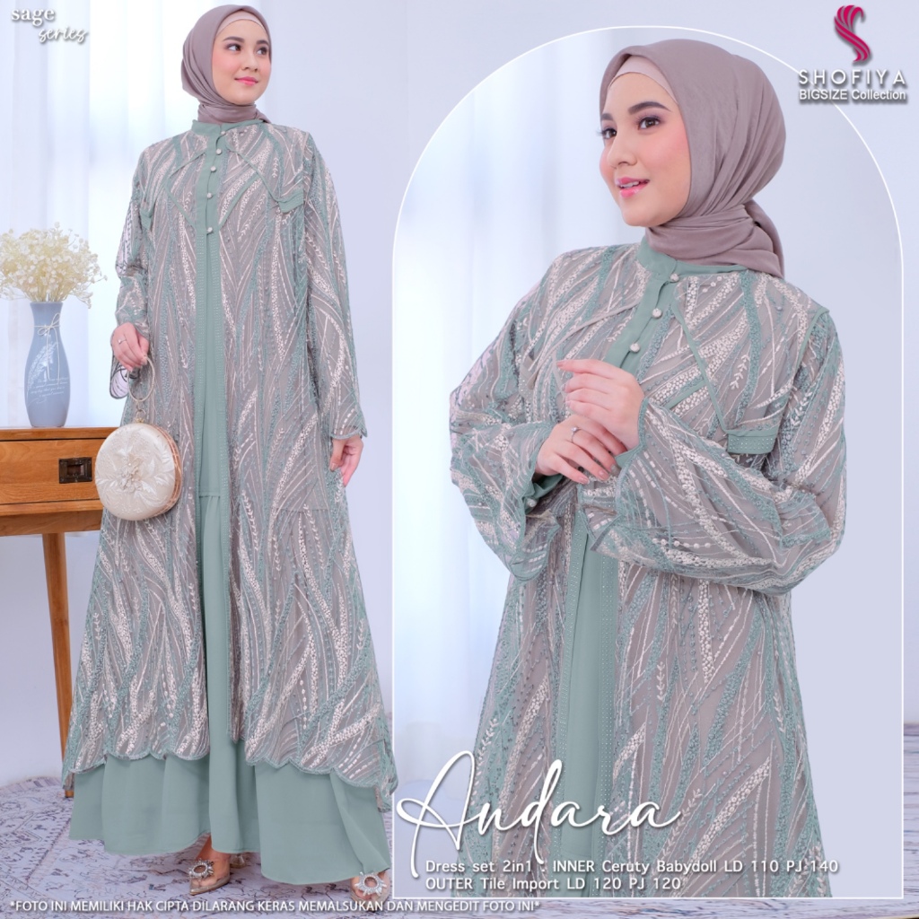 Andara Gamis Pesta 2in1 Terbaru 2025 Maxi Dress Premium Kondangan Tille Mix Ceruty Jumbo Inner Outer