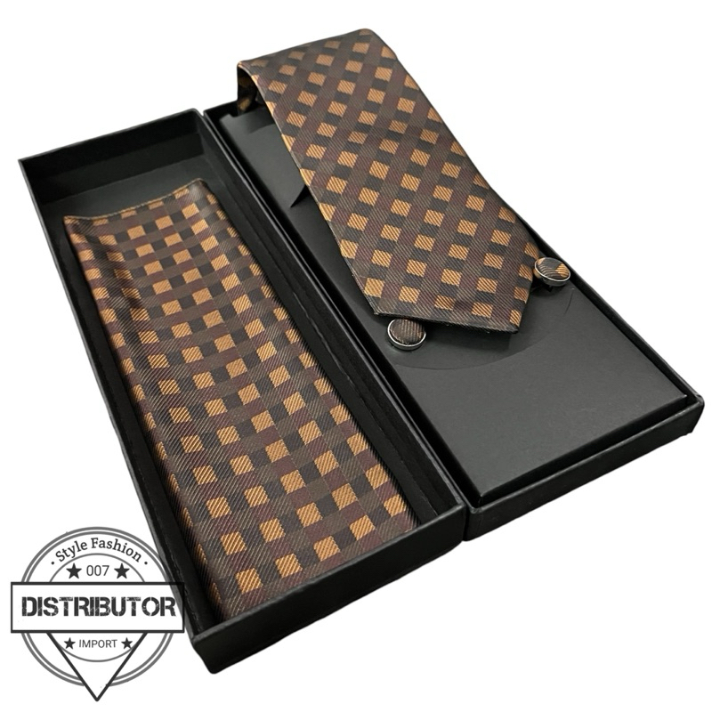 Dasi set cufflink/manset dan pocket square/sapu tangan jas exlusive gift box -1