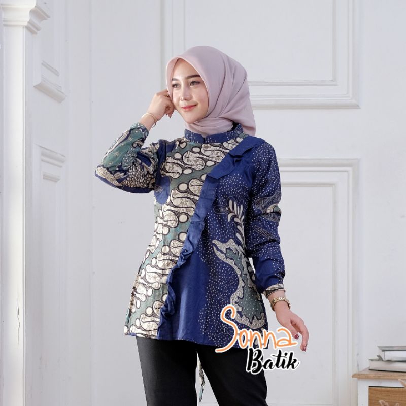 (COD) Batik Wanita Resleting Belakang Rempel Lengan Panjang Berkancing Baju Batik Wanita Modern
