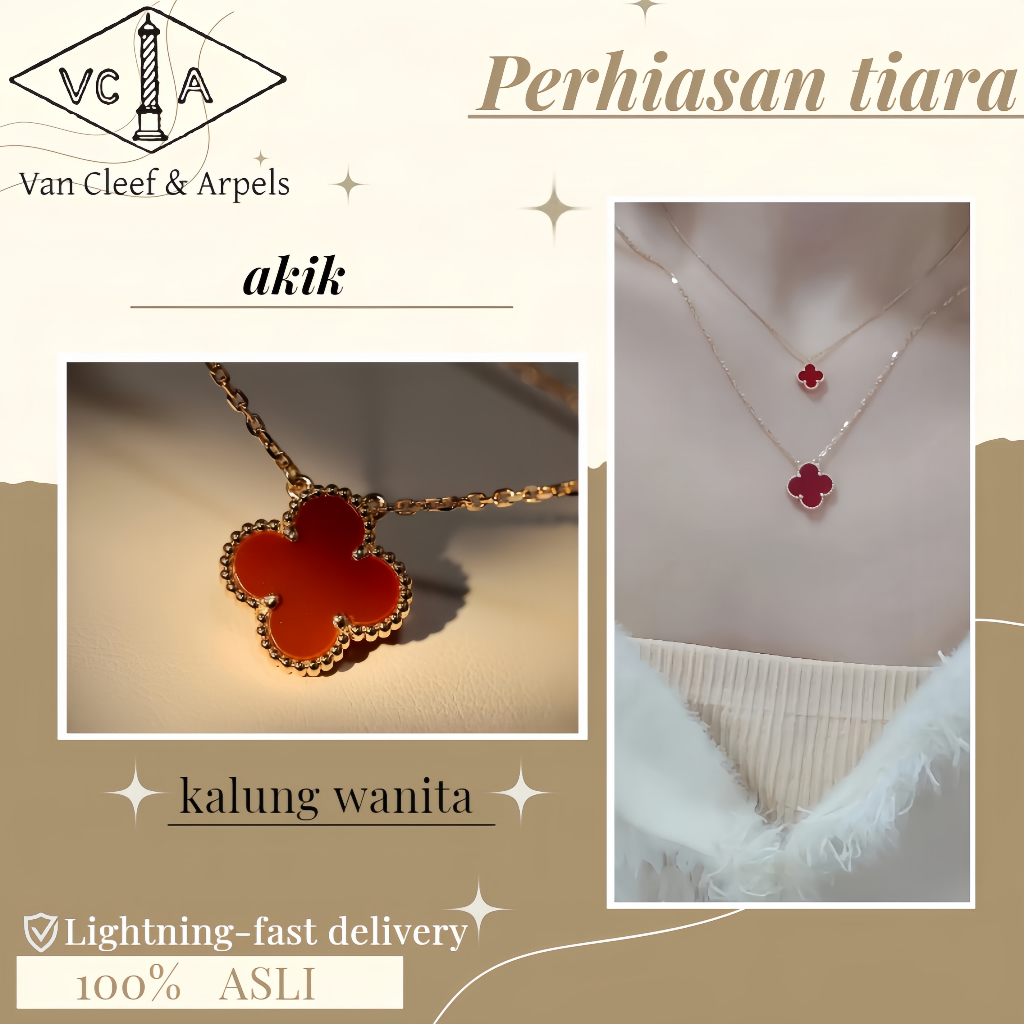 【100% ASLI】Kalung semanggi empat daun Wanita Van Cleef & Arpels/Berlapis emas 18K/akik/Permata/Tidak