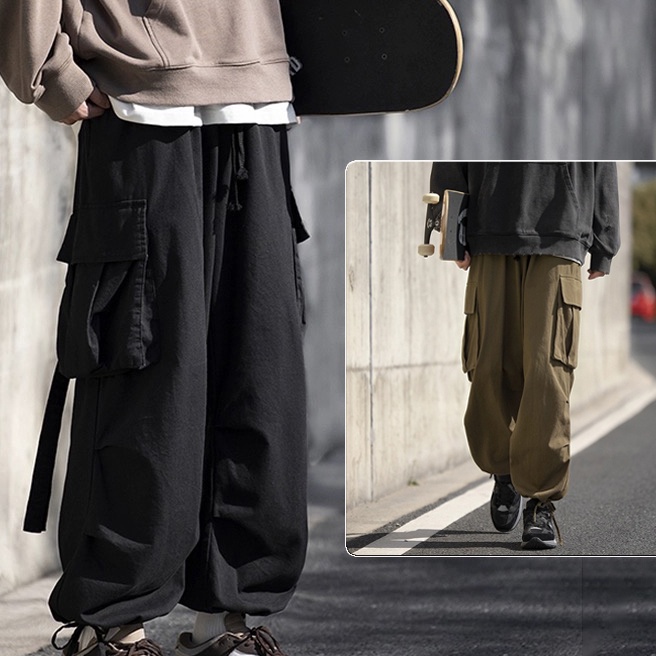 Ekstra celana cargo panjang pria hitam celana kulot korea celana cargo premium celana pinggang karet