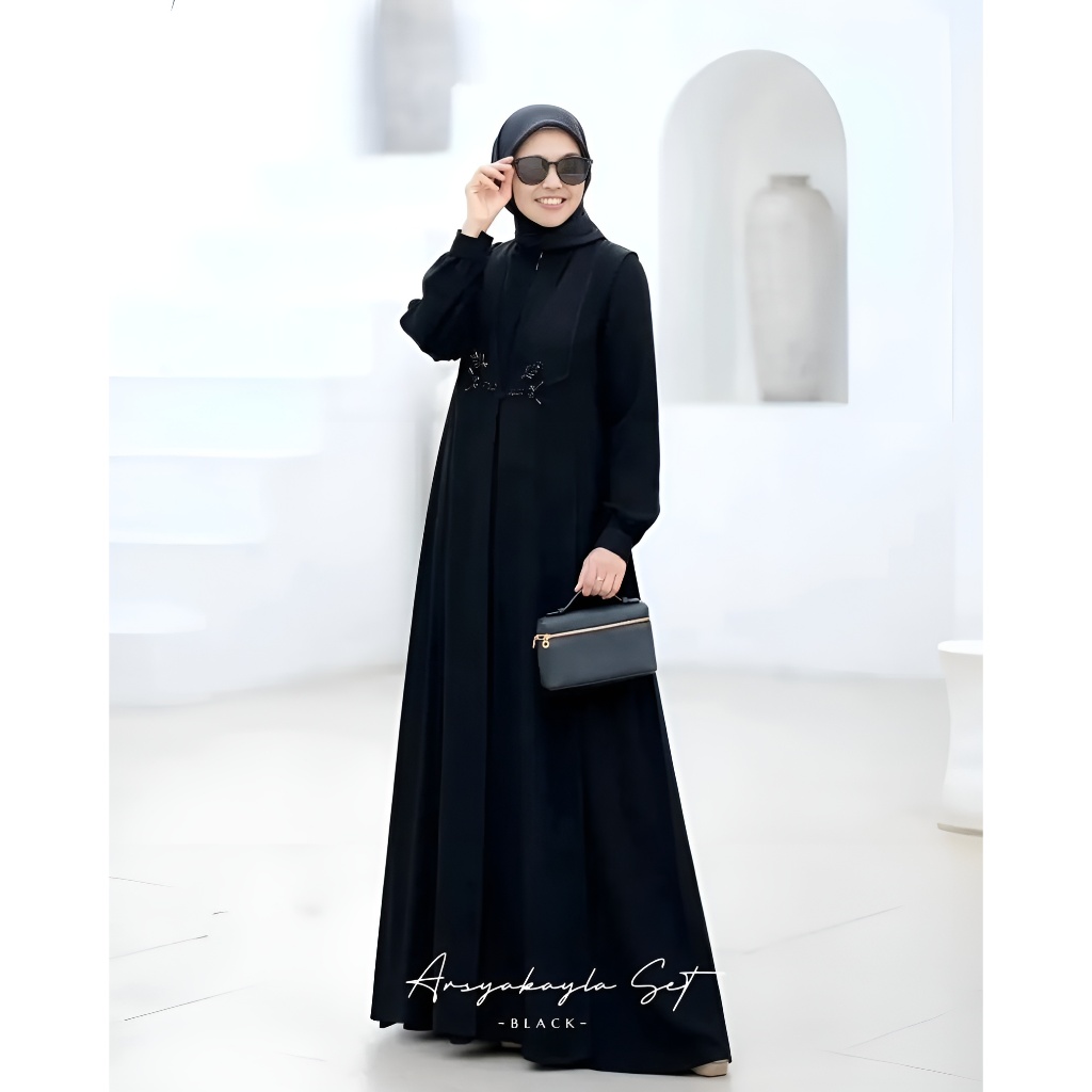 Gamis Hitam Remaja Kekinian 2024 Elegant Jumbo M L XL XXL Bahan Ceruty Babydoll Motif Bordir