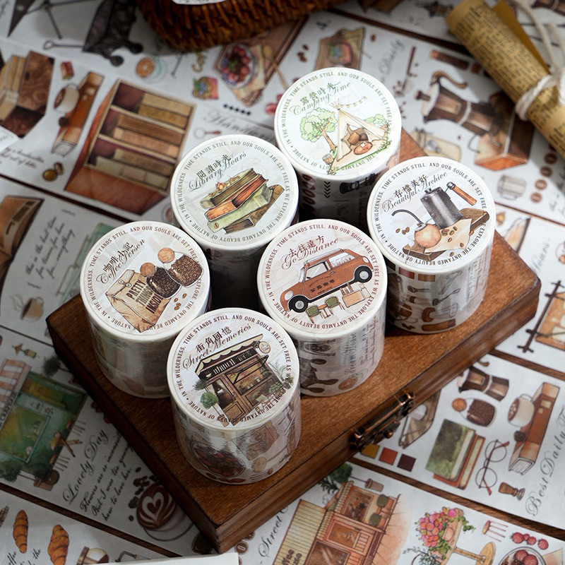 

(3DB) washi tape selotip motif kopi roti cafe perabot furniture coffee bread journaling