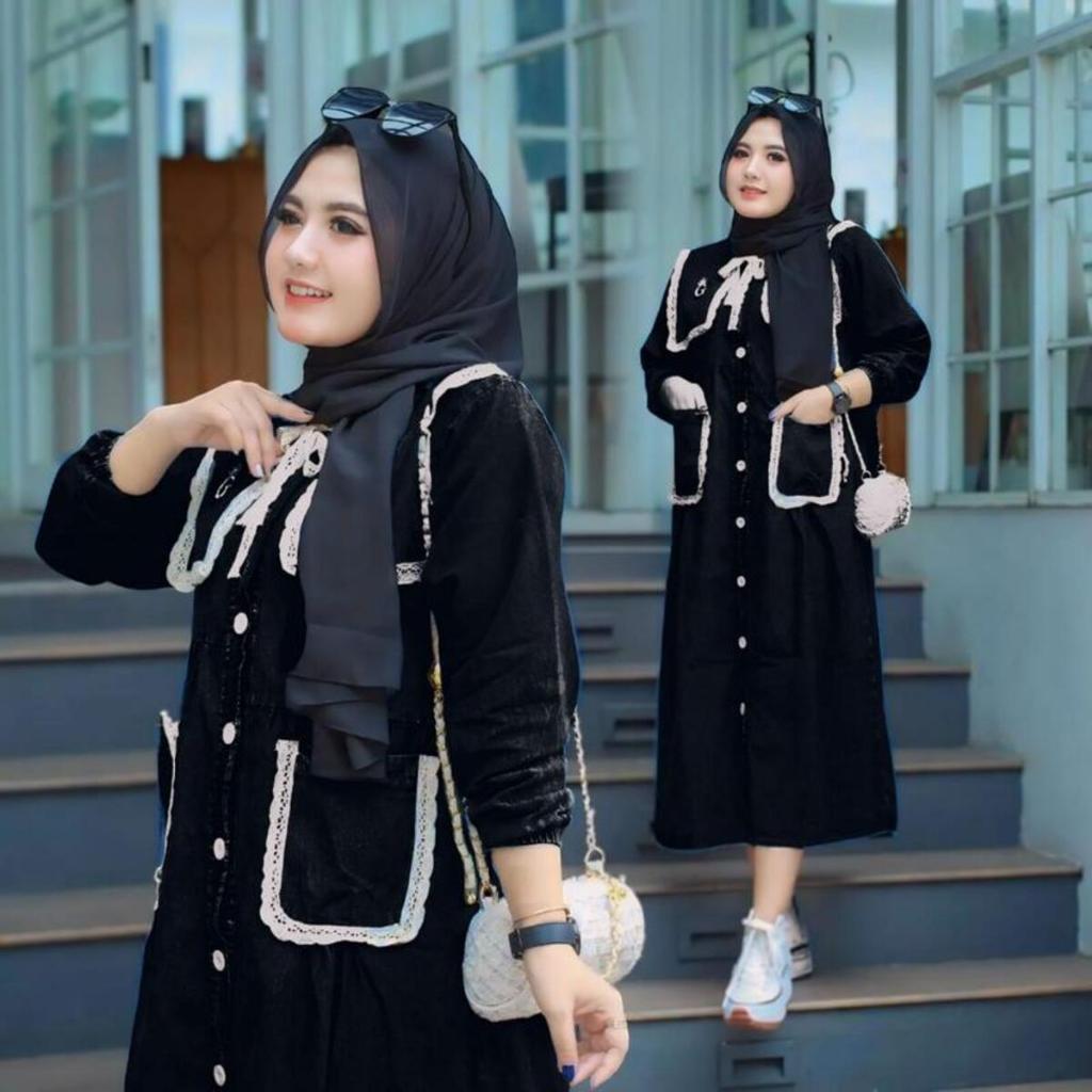 Long Tunik Jeans Terbaru Midi Dress Busui  Tunik Levis Kancing Baju Muslim  Pakaian Wanita Model Ter