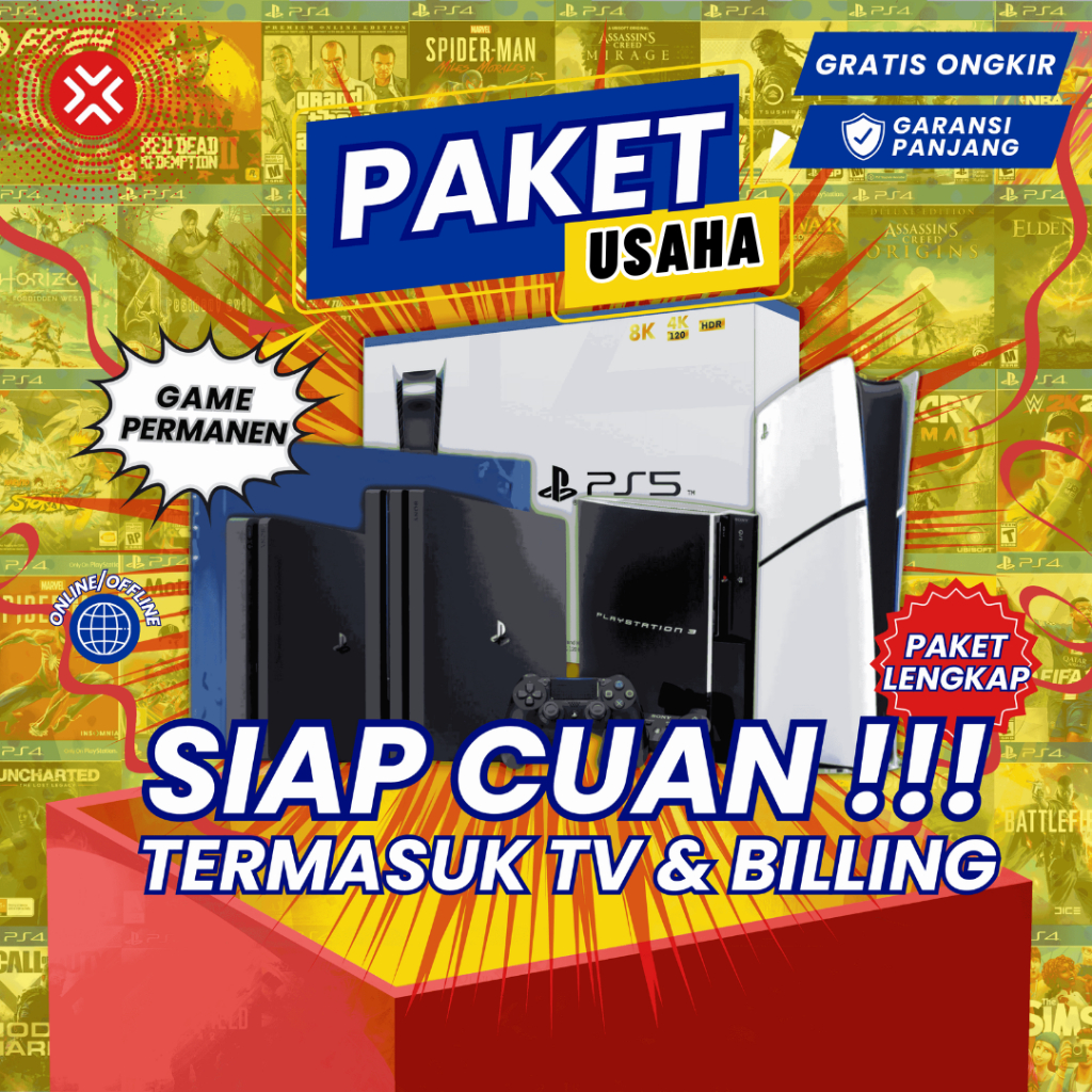 PAKET USAHA SONY PLAYSTATION PS3 PS4 PS5 Lengkap Online Offline Full Games Permanen TV Billing