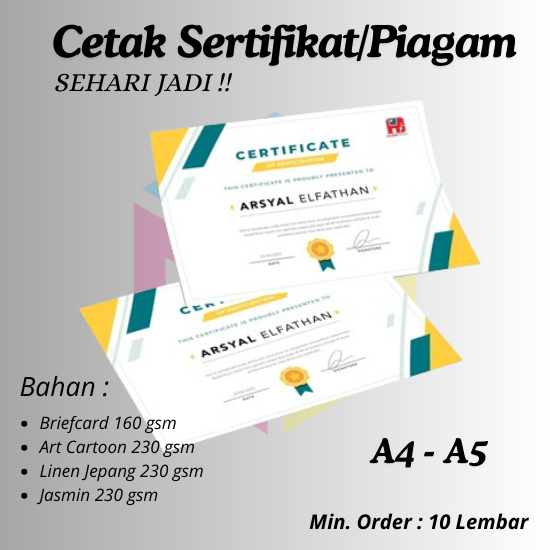 Cetak Sertifikat Piagam Penghargaan A4 A5 Murah Satuan Custom