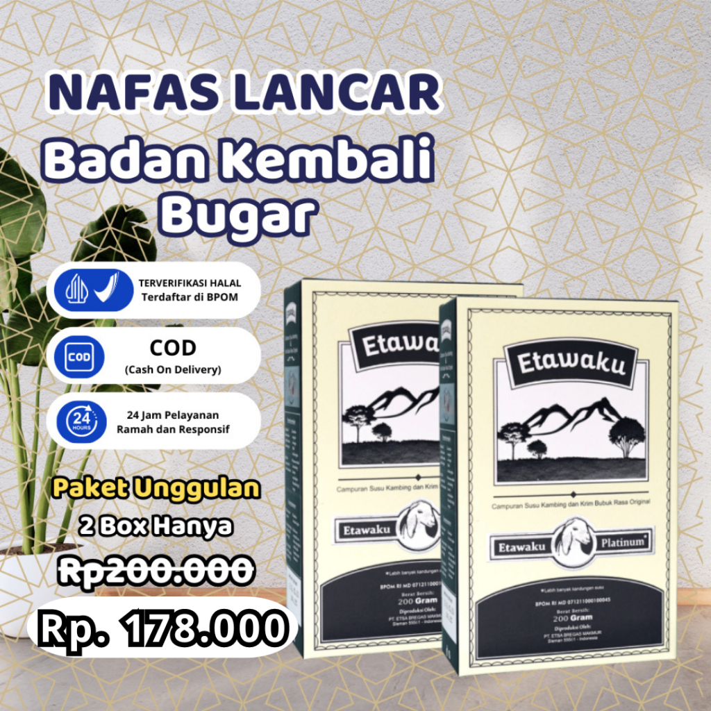 

Paket Unggulan 2 Box Susu Etawaku Platinum 100% Original Ampuh Atasi Masalah Pernapasan Sudah BPOM Halal