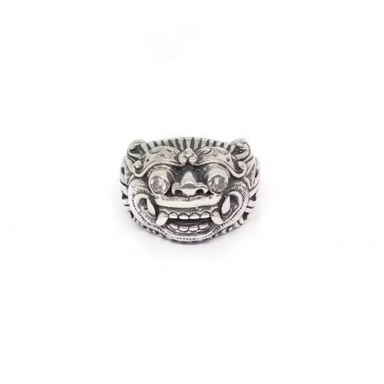 Cincin Ring Perak Silver 925 Ukir Barong Rangda Mata Putih zirconia Asli pria costum