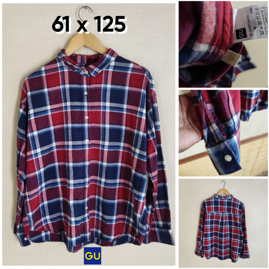 Kemeja Katun Motif Kotak Flanel GU by Uniqlo Size XL Wanita Atasan Cewek Outer Formal ED792
