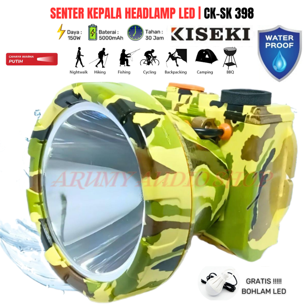 Senter Kepala Kiseki 150w Led Ck- Sk 398 Waterproof Kieseki Clasik | Senter Kepala Cas Kiseki Ck-Sk3