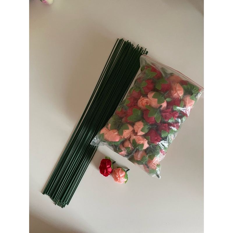 [Paket] Tangkai Kawat Besi Bunga 2mm + Bunga Mawar Kecil