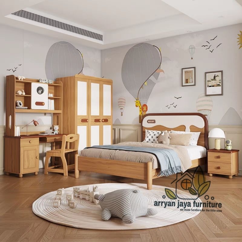 tempat tidur anak set kayu jati, dipan anak set meja belajar dan lemari