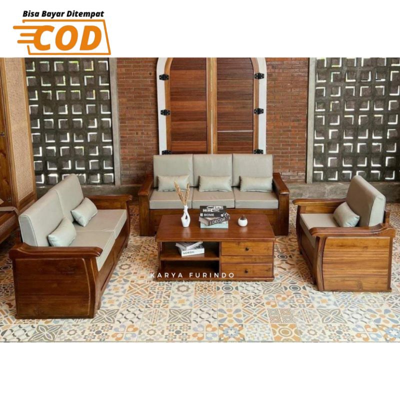 Kursi Tamu Sofa Minimalis Modern, Kursi Tamu Bantalan Kayu Jati, Kursi Sofa Kayu Jati