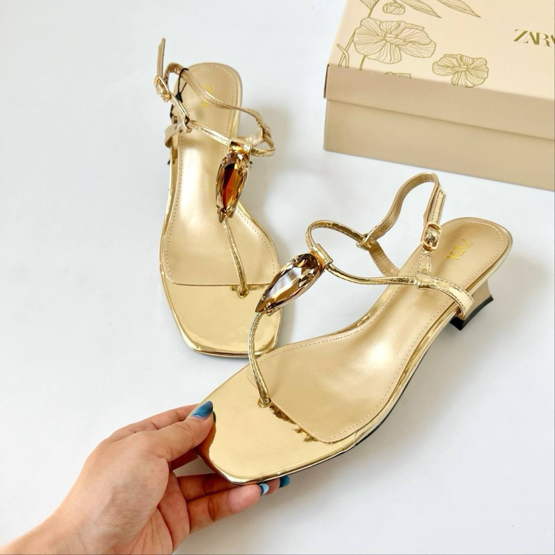 Gold pointed heels 5cm by Zara high quality fashion shoes sandal wanita hak tahu ankle stripes heels