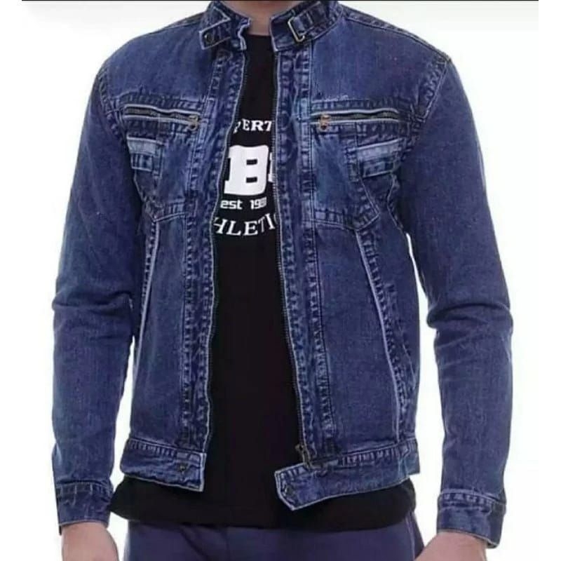 JAKET JEANS PRIA RESLETING JAKET DENIM COWOK ZIPPER BIOWASH JUMBO
