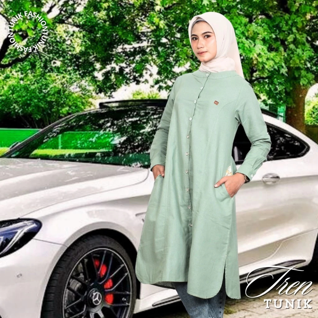 tunik polos viral bahan linen rami full kancing