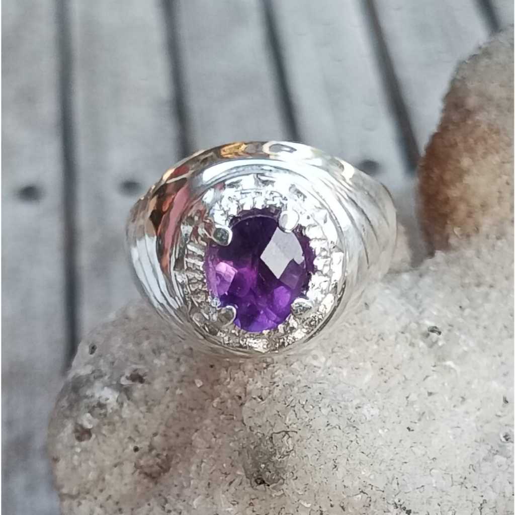 Natural Amethys Checkerboard Ring Perak 925 Handmade