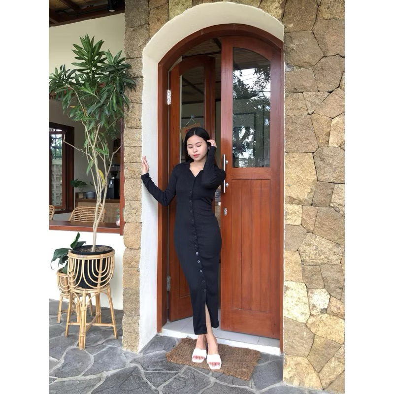 Ayumi  basic Dress lengan panjang full kancing  Rib wanita