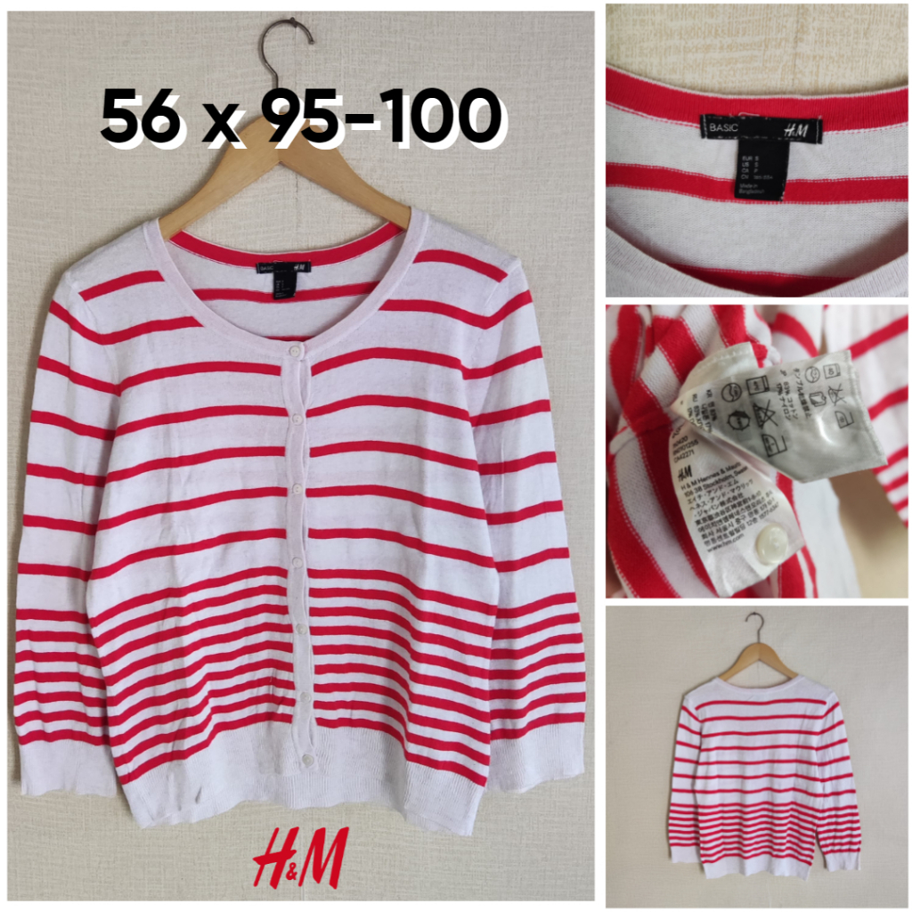 Cardigan H&M Basic Salur Merah Putih O Neck Size S Wanita Atasan Cewek Outer Knit ED808