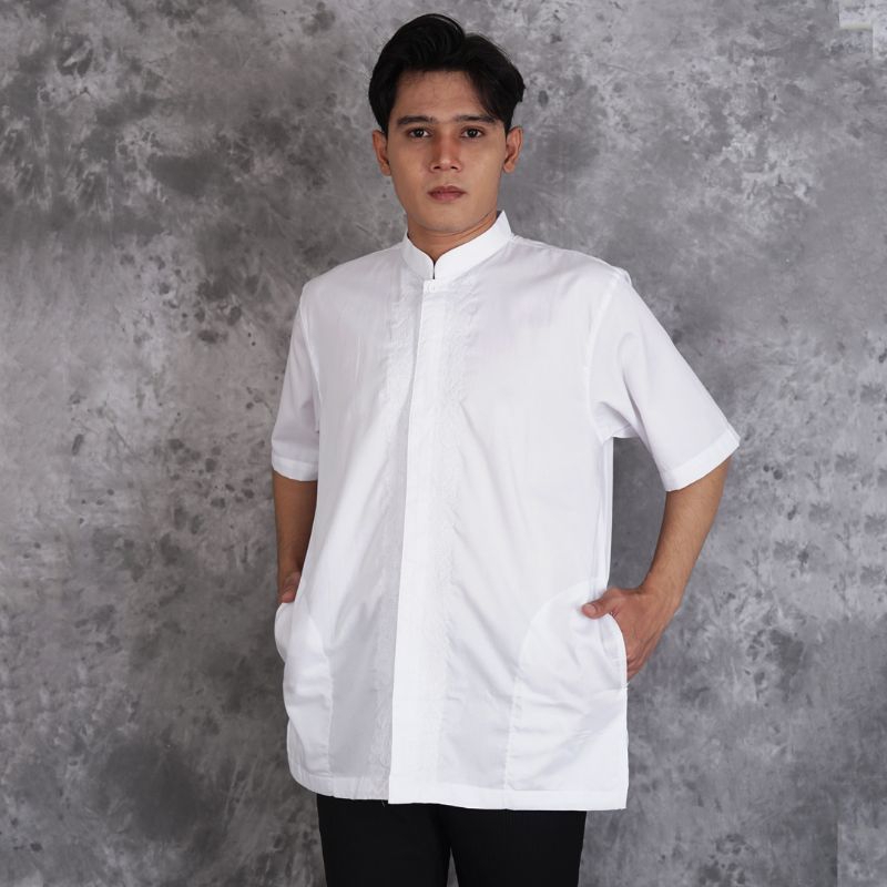 Baju Koko Pria Dewasa Putih Lengan Pendek Bahan Katun Atasan Muslim Pria