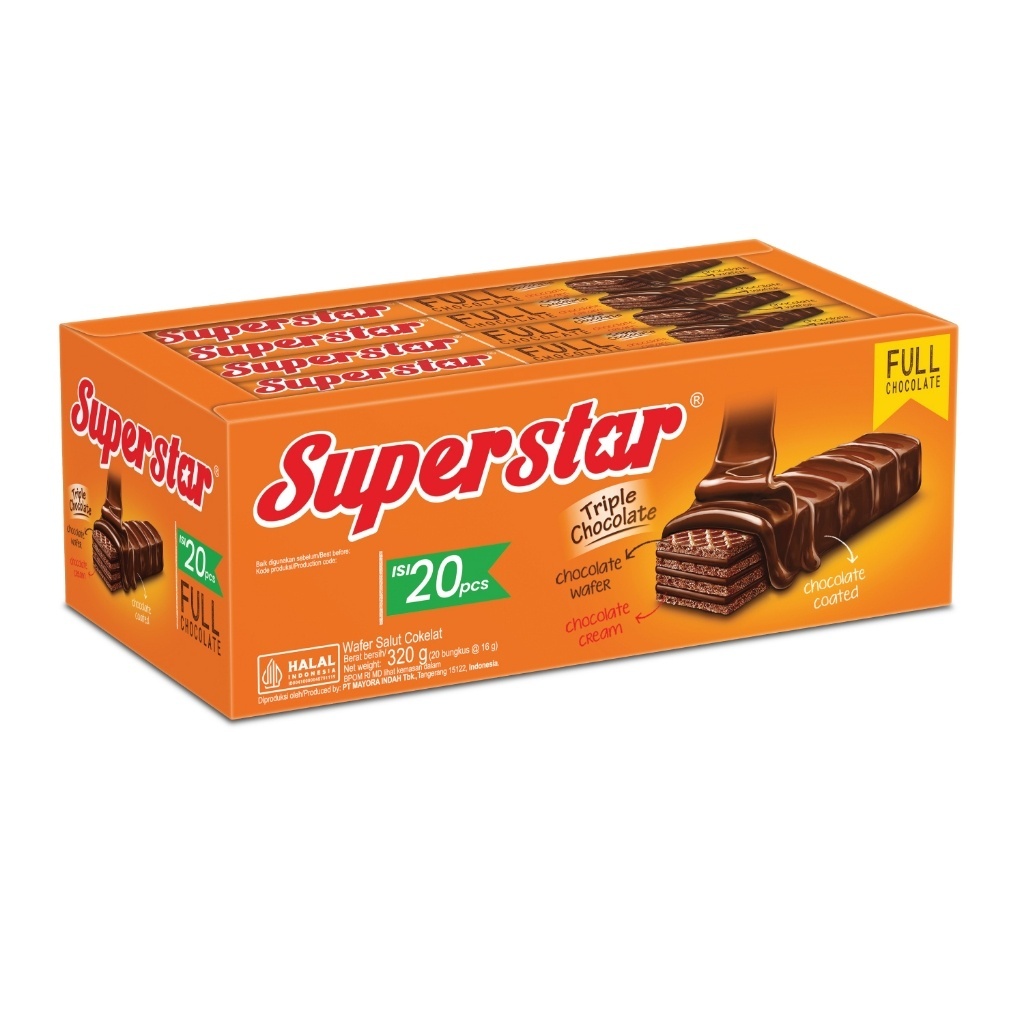 

Wafer Superstar Full Chocolate 1 Box 20pcs x 16g - 1 Karton isi 8 Box