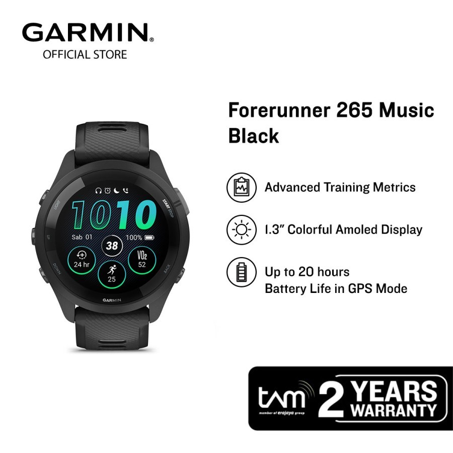 JAM TANGAN PRIA GARMIN FORERUNNER 265 MUSIC BLACK ORIGINAL