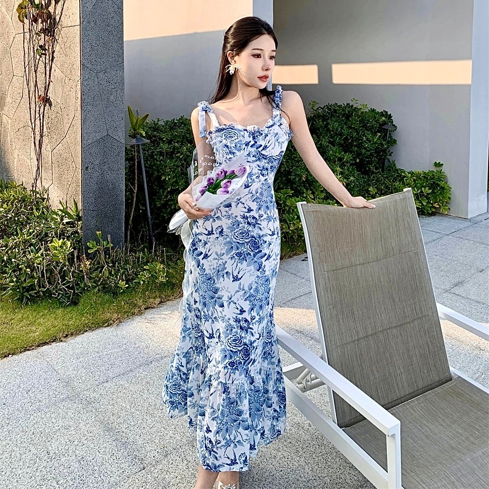 EMITA BLOOM Summer baju midi dress biru muda bunga dress press body pantai wanita kekinian korean st