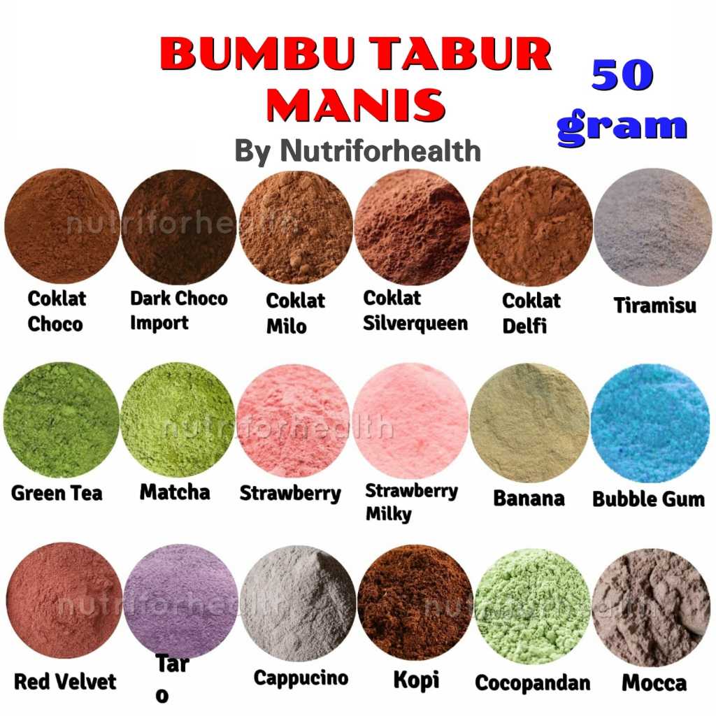 

(50GR) BUMBU TABUR MANIS COKLAT CHOCO MATCHA GREEN TEA TARO STRAWBERRYBUBBLE GUM CARAMEL COTTON CANDY RED VELVET THAI TEA