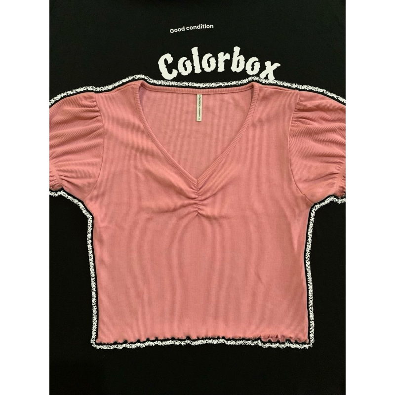 COLORBOX Puff Sleeve V-Neck Rib Top Pink