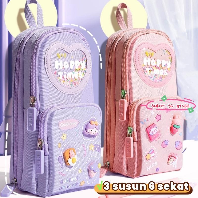 

【Dengan stiker gratis】Pencil kotak pensil case hiasan glitter karakter 3D model tas sekolah cewek lucu korea kapasitas besar Bahan PVC dengan stiker gratis Kanvas Purple Pink Blue