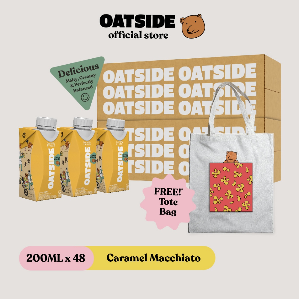 

OATSIDE Mini Cap Oat Milk Caramel Macchiato 200ml (48 Pcs) (Kemasan Tutup Botol) FREE Tote Bag Bear| Susu Oat Rasa Karamel Macchiato