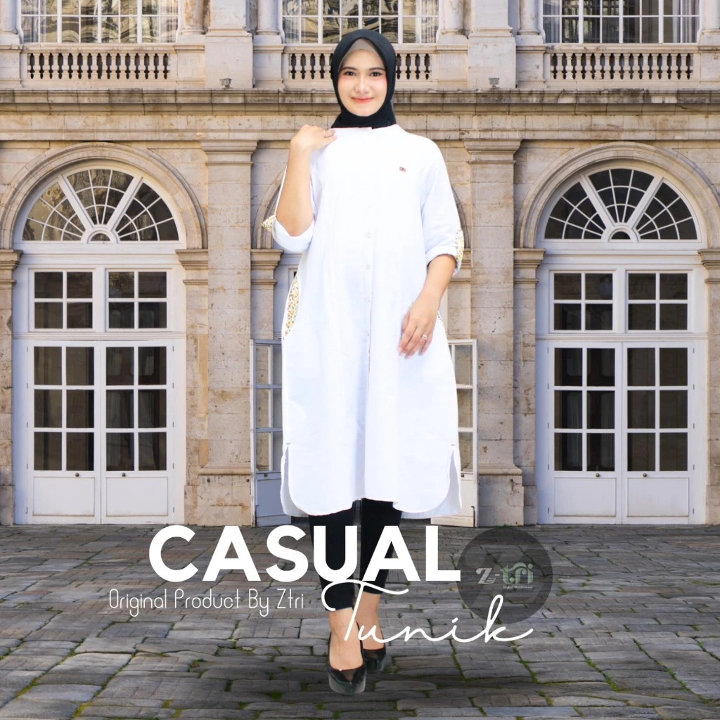 ZTRI | Baju Tunik Putih Motif Polos Bahan Katun Rami Premium Full Kancing
