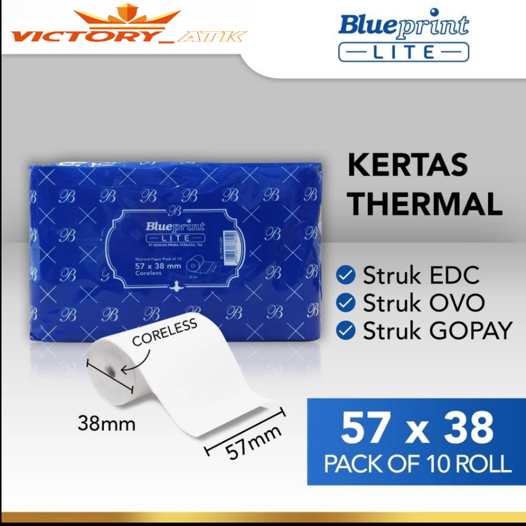 

Kertas Thermal Struk BLUEPRINT LITE 57x38 , 57x38os - 1 Pack isi 10 roll