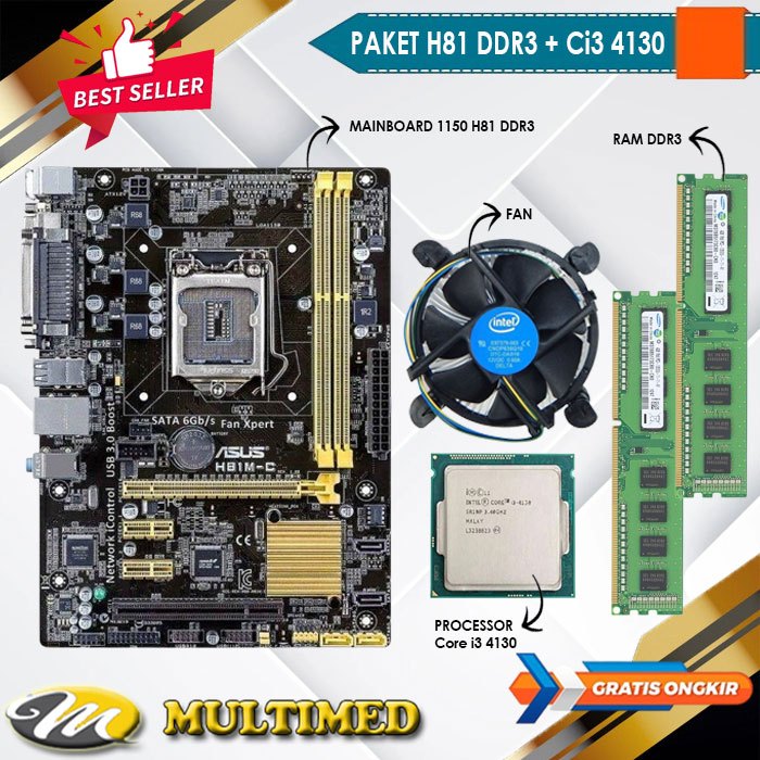 Paket Motherboard Mainboard Mobo LGA 1150 H81 DDR3 + Core i3 4130 + FAN + RAM
