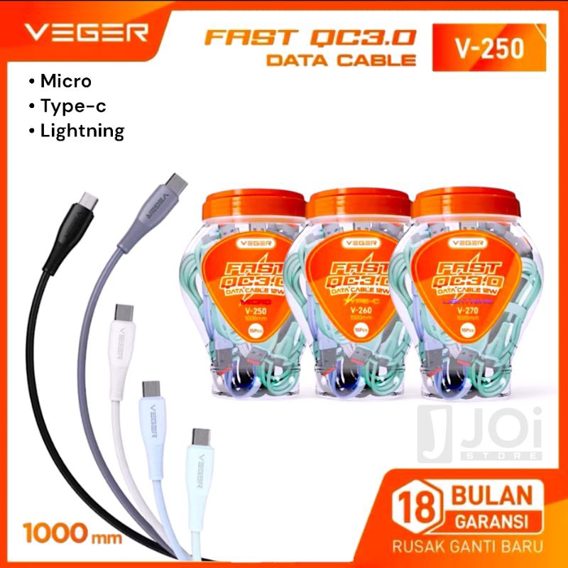 Kabel Data VEGER V-250 MICRO, V-260 TYPE-C, V-270 IP LIGHTNING QC 3.0