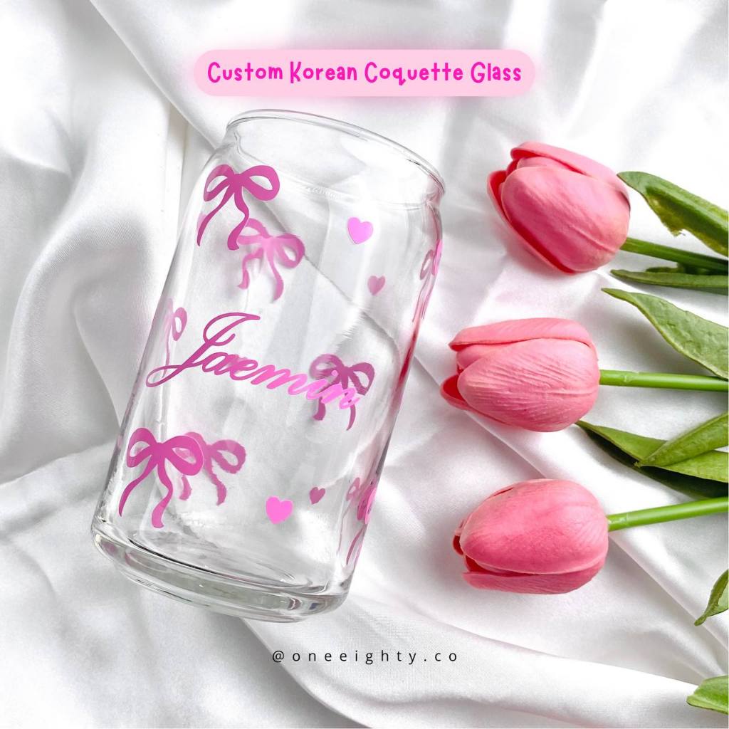 (CUSTOM NAMA) Gelas Coquette Korea Gelas Kaca Aesthetic Pita Pink