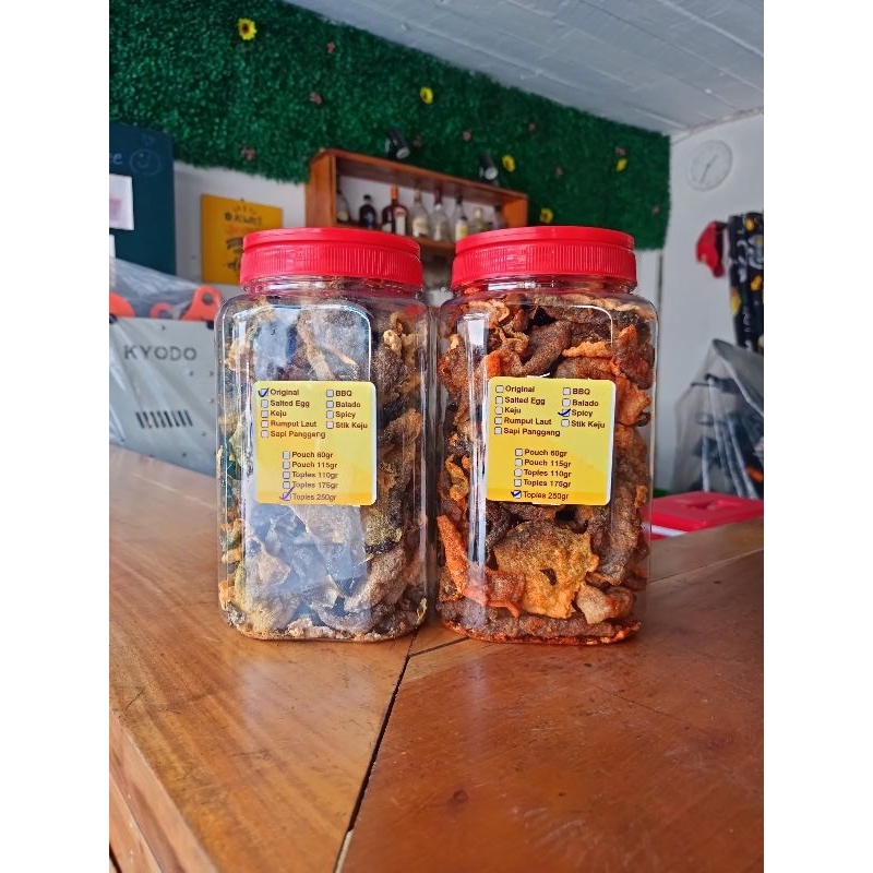 

bGF Paket Combat kerupuk kulit ikan salmon orinal 220gr Kemasan Toples jumbo Dan Rasa Spicy Toples