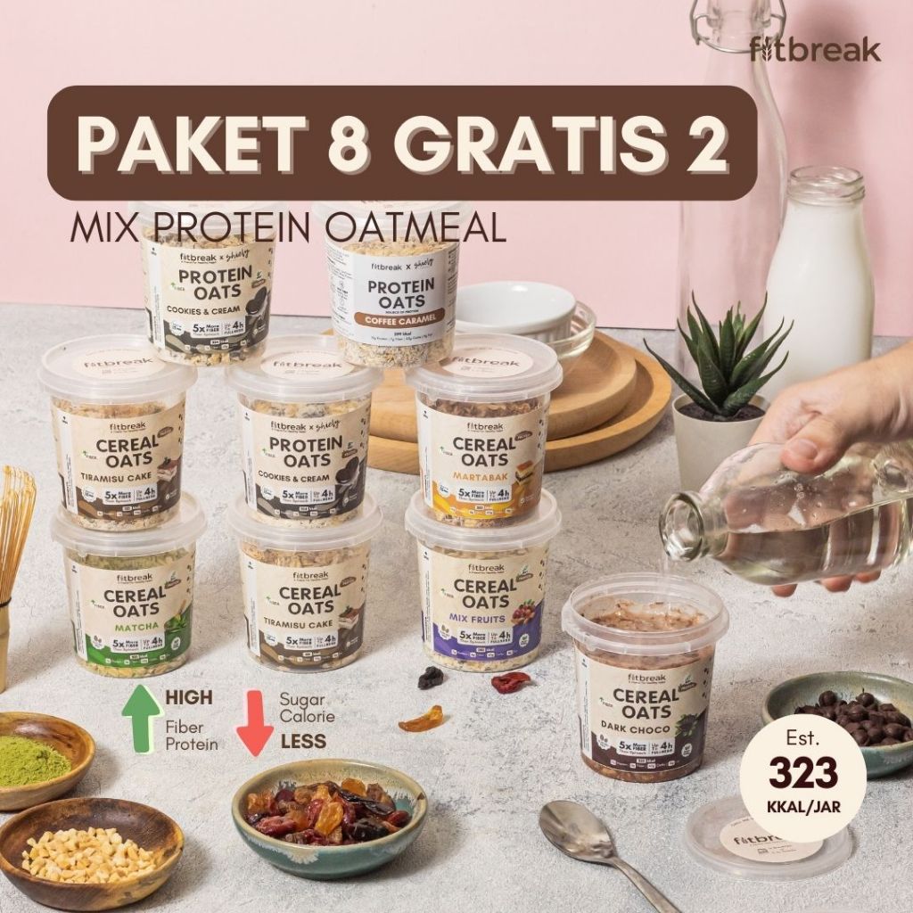 

Paket Protein Oatmeal 8 Gratis 2 Fitbreak Tinggi Serat / Healthy Snack / Instant Oats / Overnight Oats / Diet Friendly / Sarapan / Oatmeal