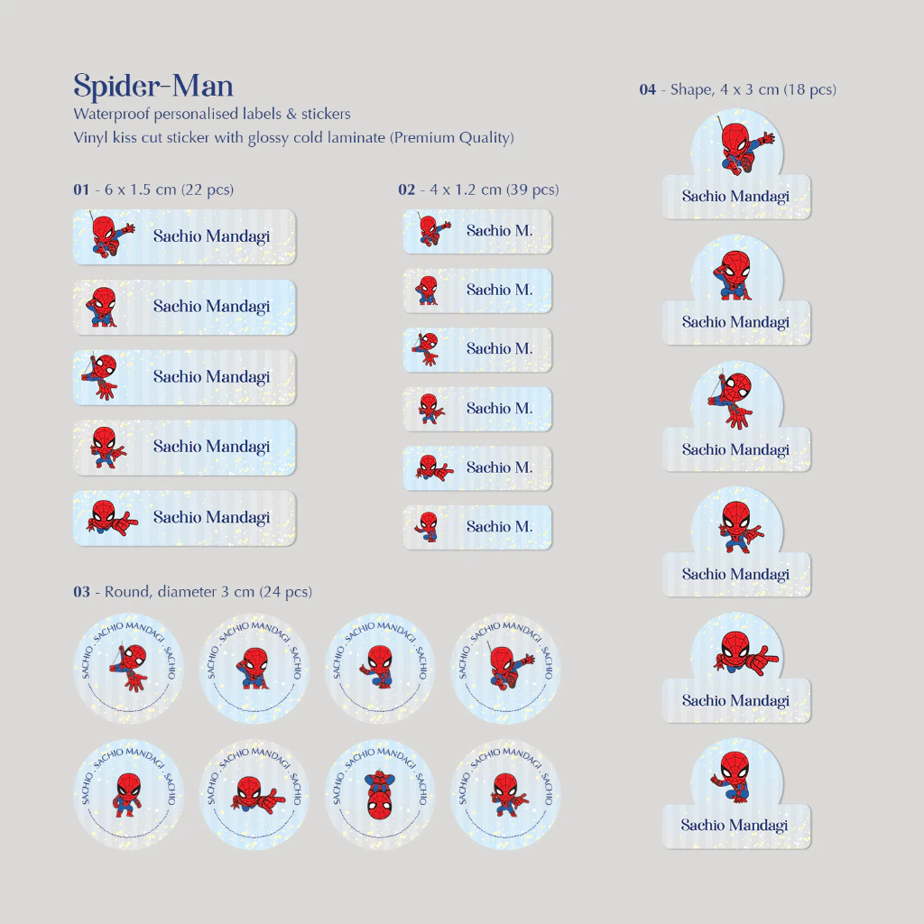 

SPIDER-MAN / STICKER NAMA SINGLE PACK (4 Bentuk , 4 Ukuran) / Sticker Vinyl Waterproof (Tahan Air & Anti Sobek) / Label Sekolah / Label Nama Anak