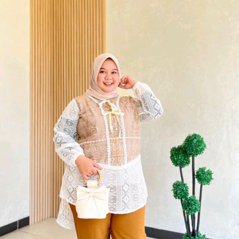 Eshantai Big Size Ghea One Set LD 120 125 Tunik | Setelan Celana Jumbo Wanita Bahan Brokat Mewah