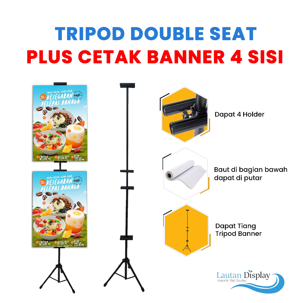 Cetak Tripod Standing Banner 4 Sisi - Stand Baner Double Seat Besi Print Spanduk Tiang Rangka Banner