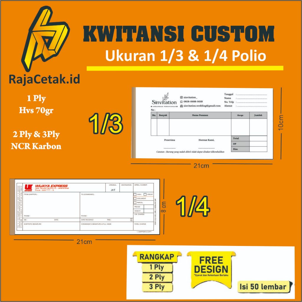 

Nota Custom Penjualan Kwitansi Bon Invoice 1/3 Polio 1 ply 2ply 3ply