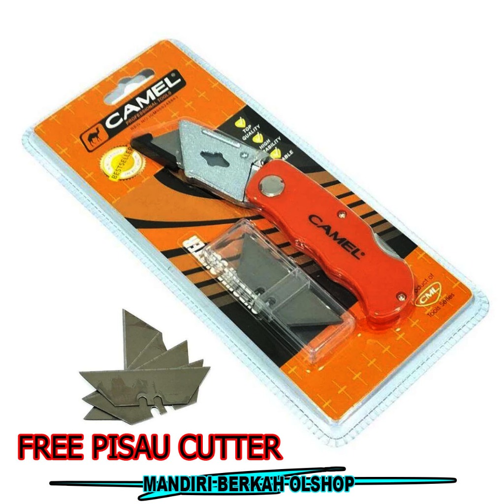 

CAMEL Cutter Gipsum Triplek Akrilik Utility Knife pisau gagang orange Bisa Dilipat Gratis Isi Cutter