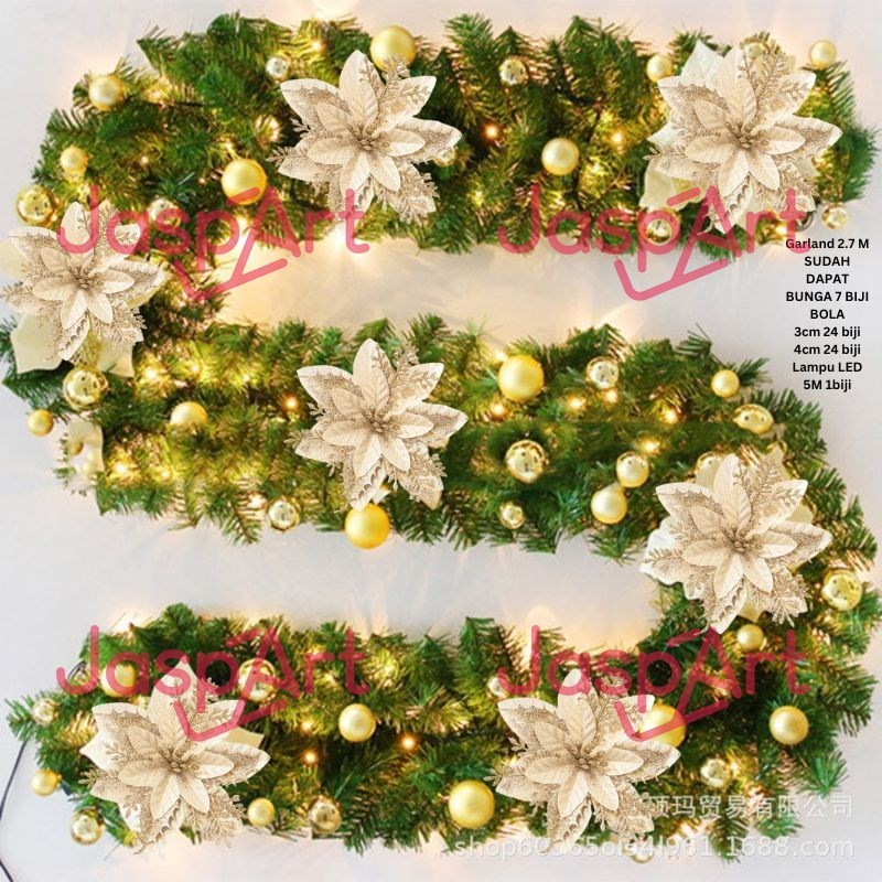 Garland Natal Daun Garland Hijau Aksesoris Pohon Natal Hijau panjang 2,7 Meter Garland PVC full set